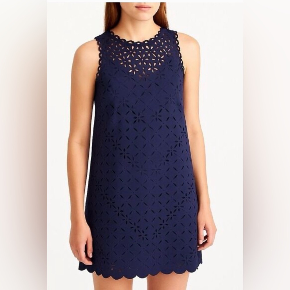 J. Crew Navy Blue Floral Shift Laser Cut Sleeveless Dress with Scalloped Hem